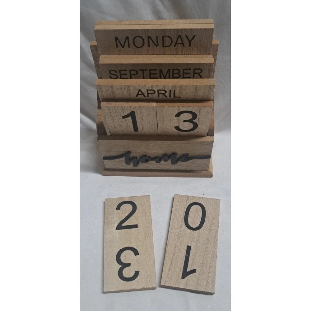 Wood Perpetual Block Calendar Farmhouse Desk Decor Home Rustic